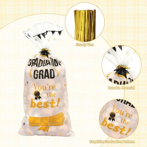 60 PCS التخرج أكياس مع روابط لمكسرات الوجبات الخفيفة الحلوى Goodie Gifts لفّ حقائب التخرج من البلاستيك الصغيرة تهنئة زخارف الحفلات الدراسية من 2025 Favors Supplies (4.9x10.6) in Kuwait