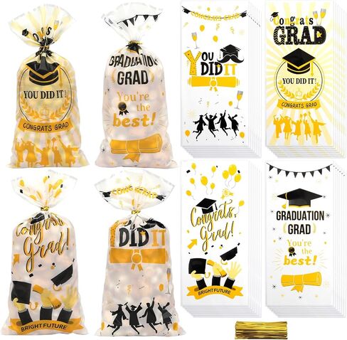 60 PCS التخرج أكياس مع روابط لمكسرات الوجبات الخفيفة الحلوى Goodie Gifts لفّ حقائب التخرج من البلاستيك الصغيرة تهنئة زخارف الحفلات الدراسية من 2025 Favors Supplies (4.9x10.6) in Kuwait