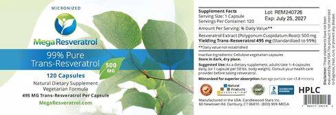 ميجا ريسفيراترول، درجة صيدلانية، نقي بنسبة 99%، معزول، ميكرونيزد ترانس ريسفيراترول، 60 كبسولة نباتية، 500 مجم لكل كبسولة. نقاء معتمد. لم يتم إضافة أي مكونات سامة "غير نشطة" على الإطلاق. in Kuwait