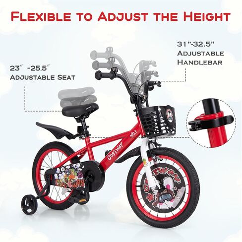 BABY JOY Rabbit Pilot Sporty Kids Bike, 12 14 16 18 Inch Child Bike for 3-8 Years Old with Adjustable Height, Training Wheels, Storage Basket, Handbrake & Coaster Brake, Kids Bicycle for Girls Boys in Saudi Arabia