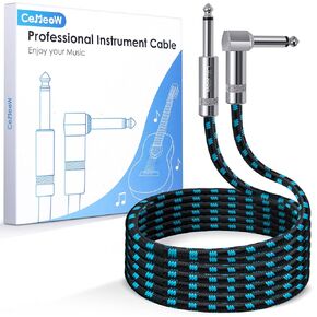 2Pack Guitar Cable 10ft 1/4 Inch Guitar Cord Straight to Right Angle Instrument Cable with Braided Tweed and Anti-Kinking Design for Guitar Bass Amp, Black & Blue