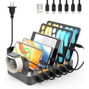 CREATIVE DESIGN Charging Station for Multiple Devices Apple,50W USB Multi Charging Station for iPhone,iPad,Cell Phone,Android,iPad,Tablet,Kindle and More,with 6 Mixed Cables（Space Gray）