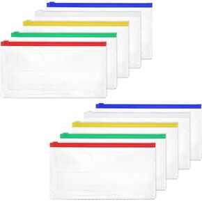 10 Pack Plastic Zip Envelope A6 Size Zipper Pouch with Label Pocket Assorted Clear Pencil Case Waterproof Transparent Cash Envelopes for Office Lottery Ticket