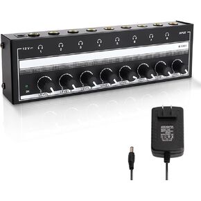 HERCHR Headphone Amplifier 8 Channel Metal Stereo Audio Amplifier, 100 to 240V Portable Headphone Amp with Power Adapter for Studio and Stage