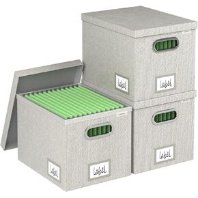 File Organizer Box File Boxes for Hanging Files with Lid Set of 3 Decorative Hanging Folders Organizer with One-Piece Plastic Frame Slides (13.2 * 10.1 * 10.1in(3Pack), Light Grey)