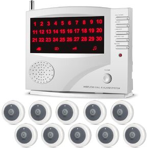 Wireless Calling System, Caregiver Pager for Nurses Station, 10 Waterproof Call Buttons with 1 Monitoring Unit for Emergency, Patients Seniors Clinic, 11 Languages Alert, White
