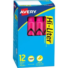 AVERY Hi-Liter Desk-Style Highlighters, Smear Safe Ink, Chisel Tip, 12 Fluorescent Pink Highlighters (24010)