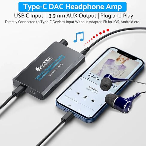 مضخم سماعة رأس eSynic احترافي USB C 16-300Ω محمول من النوع C سماعة رأس AMP قابلة لإعادة الشحن DAC مضخم صوت سماعة رأس يدعم إدخال النوع C ومخرج مقبس صوت 3.55 مم للهواتف المحمولة وما إلى ذلك in Kuwait