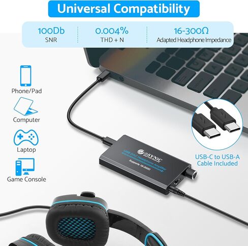 مضخم سماعة رأس eSynic احترافي USB C 16-300Ω محمول من النوع C سماعة رأس AMP قابلة لإعادة الشحن DAC مضخم صوت سماعة رأس يدعم إدخال النوع C ومخرج مقبس صوت 3.55 مم للهواتف المحمولة وما إلى ذلك in Kuwait