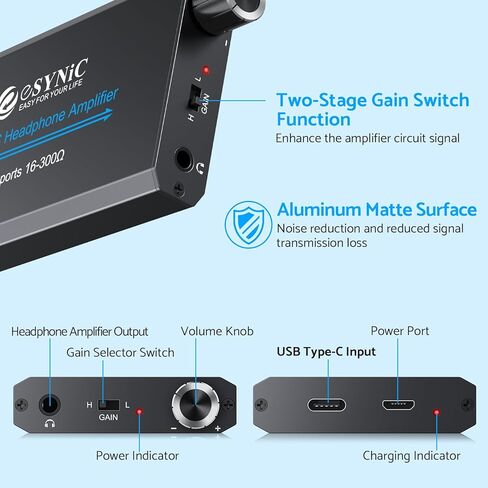 مضخم سماعة رأس eSynic احترافي USB C 16-300Ω محمول من النوع C سماعة رأس AMP قابلة لإعادة الشحن DAC مضخم صوت سماعة رأس يدعم إدخال النوع C ومخرج مقبس صوت 3.55 مم للهواتف المحمولة وما إلى ذلك in Kuwait