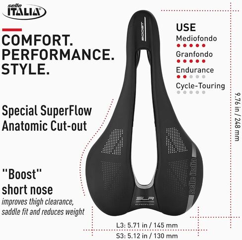 Selle Italia SLR Boost TM Superflow، سرج دراجة MTB ودراجة الطريق - للرجال والنساء، أسود in Kuwait