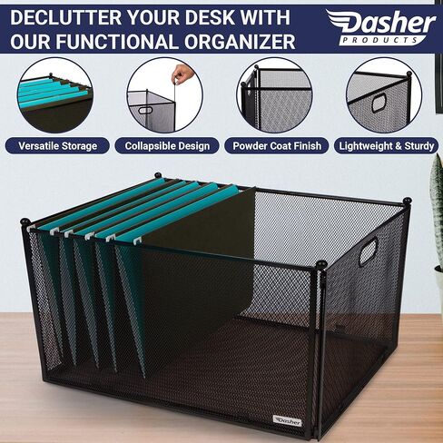 صندوق شبكي لتنظيم الملفات المعلقة - صندوق منظم الملفات يدعم المجلدات المعلقة بحجم الحروف والحجم القانوني، قفص ملفات معلق شبكي معدني أسود حديث، منظم ملفات قابل للطي للمنزل أو المكتب in Kuwait