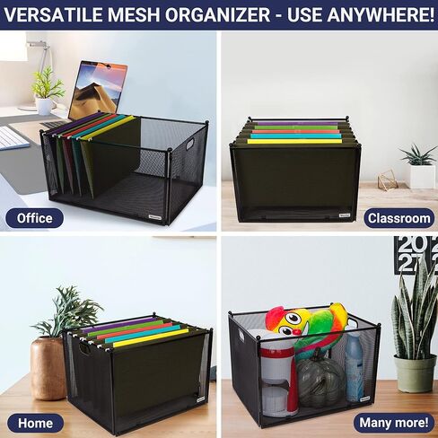 صندوق شبكي لتنظيم الملفات المعلقة - صندوق منظم الملفات يدعم المجلدات المعلقة بحجم الحروف والحجم القانوني، قفص ملفات معلق شبكي معدني أسود حديث، منظم ملفات قابل للطي للمنزل أو المكتب in Kuwait