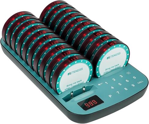 Retekess TD167A Restaurant Buzzer System,Restaurant Vibrating Pagers,One Key Pairing,Out of Range Alarm,20 Fast Food Coaster Pager for Food Court in Saudi Arabia