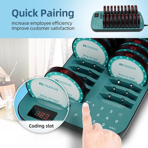Retekess TD167A Restaurant Buzzer System,Restaurant Vibrating Pagers,One Key Pairing,Out of Range Alarm,20 Fast Food Coaster Pager for Food Court in Saudi Arabia