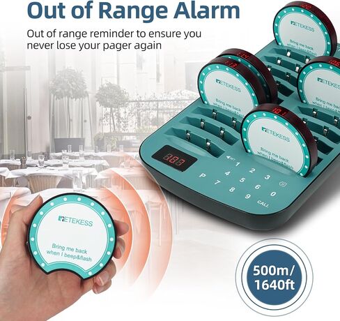 Retekess TD167A Restaurant Buzzer System,Restaurant Vibrating Pagers,One Key Pairing,Out of Range Alarm,20 Fast Food Coaster Pager for Food Court in Saudi Arabia