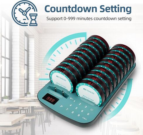 Retekess TD167A Restaurant Buzzer System,Restaurant Vibrating Pagers,One Key Pairing,Out of Range Alarm,20 Fast Food Coaster Pager for Food Court in Saudi Arabia
