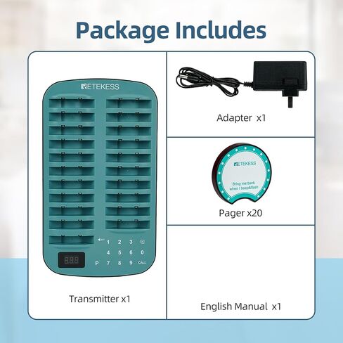 Retekess TD167A Restaurant Buzzer System,Restaurant Vibrating Pagers,One Key Pairing,Out of Range Alarm,20 Fast Food Coaster Pager for Food Court in Saudi Arabia