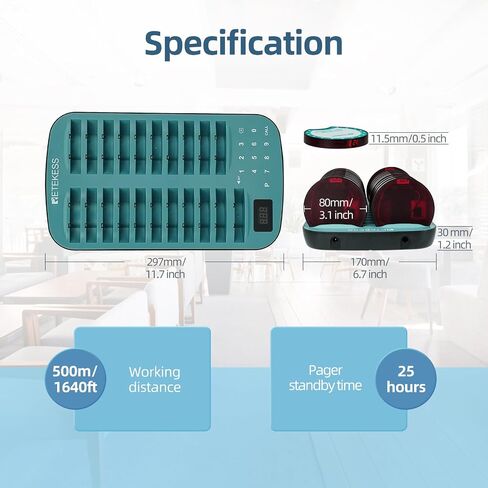 Retekess TD167A Restaurant Buzzer System,Restaurant Vibrating Pagers,One Key Pairing,Out of Range Alarm,20 Fast Food Coaster Pager for Food Court in Saudi Arabia
