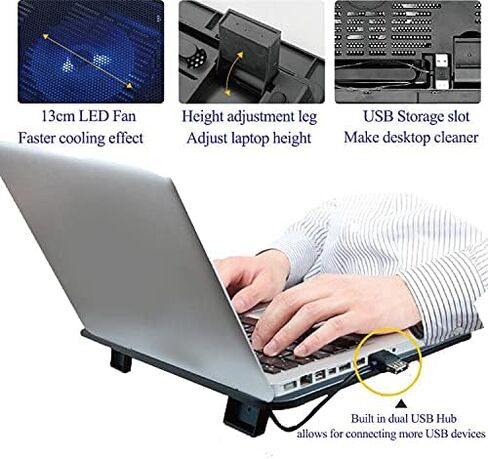 وسادة تبريد للكمبيوتر المحمول، مبرد كمبيوتر محمول محمول بمنفذين USB، وسادة تبريد للكمبيوتر المحمول مع مراوح LED زرقاء، تناسب مقاس 13-15 بوصة in Kuwait