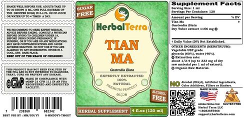 Tian Ma, Gastrodia (Gastrodia Elata) Tincture, Dried Tuber Powder Liquid Extract 2 oz in Kuwait