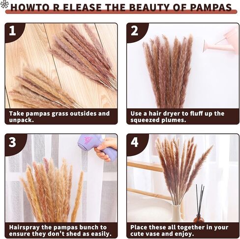 أعمدة ديكور عشب بامباس المجففة 60 قطعة 17 بوصة 100% فراغميت طبيعي لحفلات الزفاف DIY ترتيبات ديكورات المنزل (بني) in Kuwait