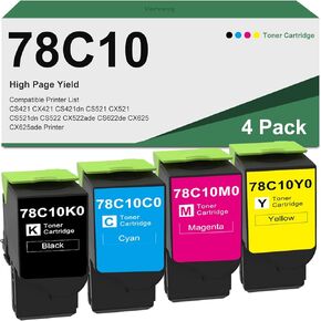 Remanufactured 78C10K0 78C10C0 78C10M0 78C10Y0 Black Cyan Magenta Yellow High Yield Toner Cartridge Replacement for Lexmark 78C10 Toner for CS421 CS521 CS622 CX421 CX522 CX622 CX625 Printer (4-Pack)