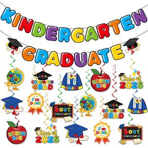 Kindergarten Graduation Decorations Banner Hanging Swirls, Kindergarten Graduation Party Decorations 2025 Banner, Class of 2025 Congrats Grad Kinder garten Graduate Swirls for Party