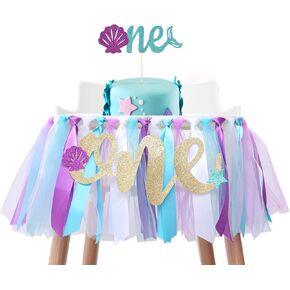 Baby Mermaid Skirt لعيد الميلاد الأول - لوازم الحفلات مع تنورة توتو على كرسي مرتفع ، راية واحدة ، كوبر كيك لاستشم الطفل (مجموعة عيد ميلاد حورية البحر)