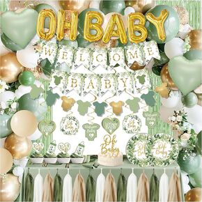 Sage Green Baby Shower Decorations,155 pcs Neutral Baby Shower Decor Supplies, welcome baby banner, Disposable "OH BABY" Balloon Arch, Paper Tassels, tablecloths