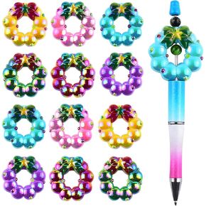 12Pcs Christmas Wreath Focal Beads for Pens Colorful 3D Bow Wreath Acrylic Craft Beads Large Spacer Beads for DIY Craft Beadable Pens Jewelry Bracelet Necklace Earrings Keychain Making