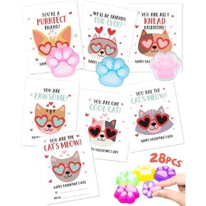 بطاقات عيد الحب للأطفال - 28 حزمة عيد الحب هدايا للأطفال مع Cat Paw Squishy - هدايا تبادل الدرس المدرسي Mochi للأولاد الصغار