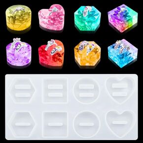 FineInno Ring Holder Resin Mold,8 Cavity Ring Stand Silicone Molds for Epoxy Resin, Heart,Round,Square Hexagonal Molds for DIY Ring Jewelry Display