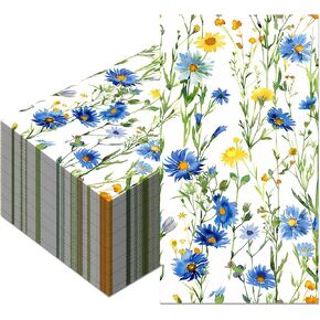 80PCS Blue & White Paper Napkins Flowers Paper Napkins Disposable Blue & White Flowers Dinner Hand Towels for Bathroom, Dinner, Picnic, Wedding Party Supplies, Wildflower Design (4.5x8 Inch Folded)