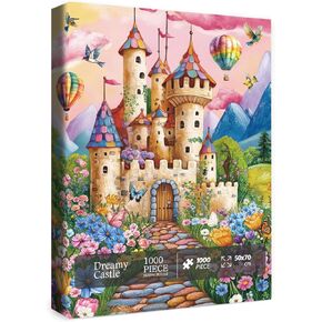 Colorful Castle Puzzle for Adults 1000 Pieces, Fantasy Flower Butterfly Jigsaw Puzzle, Bird Plant Floral Hot Air Balloon Puzzle