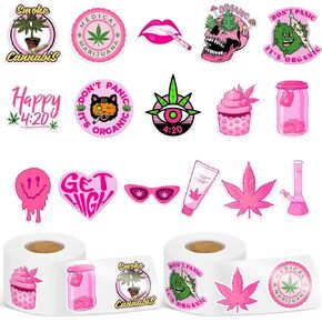 1000PCS Pink Weed Stickers Rollfor Adults,Cute Marijuana Weed Stickers,Aesthetic Weed Gift (Pink)