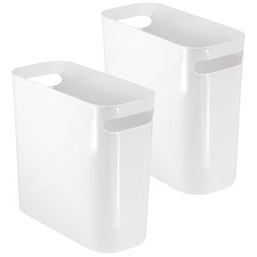 mDesign Plastic Small Trash Can, 1.5 Gallon/5.7-Liter Wastebasket, Narrow Garbage Bin, Handles for Bathroom, Laundry, Home Office - Holds Waste, Recycling, 10" High, Aura Collection, 2 Pack, White