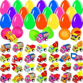 30 PCS Prefilled Easter Eggs with Pull-Back Toy Cars,Plastic Easter Eggs Filled Engineering Vehicles Toy for Boys and Girls,Easter Eggs Hunt,Easter Basket Stuffers,Party Favor