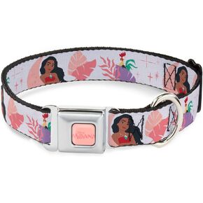 Disney Pet Collar, Dog Collar Metal Seatbelt Buckle, Moana and HEI HEI Poses with Flowers Beige Orange, 11 to 16.5 Inches 1.0 Inch Wide