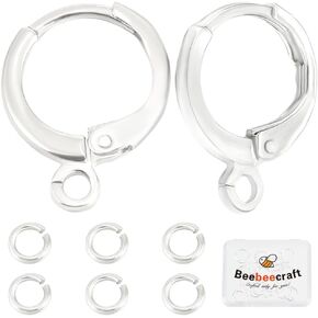 Beebeecraft 20Pcs 925 Sterling Silver Plated Brass Round Earring Hooks with Loop Leverback Earwires and Open Jump Rings with Storage Box for Jewelry Making Findings