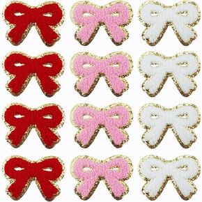 12 PCS Bow Patches Red Pink White Bow Iron On Patch Cute Chenille Embroidery Applique for Hats Bags Clothes