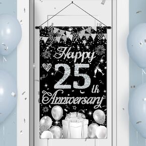 60th Anniversary Decorations Small Banner Black Silver Happy 60th Anniversary Door Hanging Banner Porch Front Door Decor for Women Men 60th Diamond Wedding Anniversary Party Cruise Door Sign Supplies