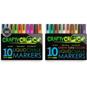 Chalk Markers Bundle for Chalkboards, Blackboards, Windows, Glass - 10 Neons and 10 Earth Tones - 6mm Reversible Bullet & Chisel Tip
