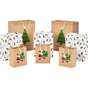 Hallmark Christmas Gift Bags for Kids (8 Bags: 3 Small 6", 3 Medium 9", 2 Large 13") Recyclable Kraft with Santa, Lights and Tree