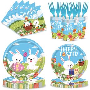 120pcs Easter Plates and Napkins Tableware Set, Happy Easter Disposable Plates Napkins Forks and Cups for Bunny Party Decorations and Supplies, Serve 24