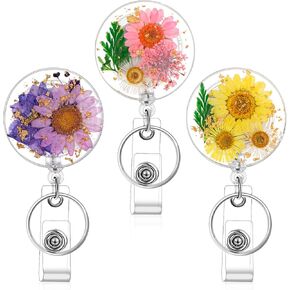 3Pcs Dried Flower Badge Reel Nurse Floral ID Name Card Badge Clips with Key Ring, Retractable Nursing Badges Holder, Round Resin Badges Reels for Doctor Teacher Women