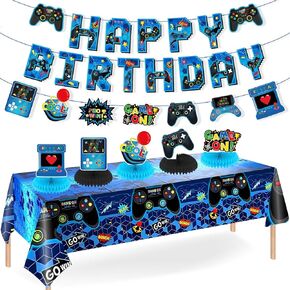 Video Game Birthday Party Decorations Blue Video Game Theme Happy Birthday Bunting Banner Gaming Tablecloth 5PCS Table Honeycomb Centerpieces for Kids Men Gamer Enthusiasts Cheers to Level Supplies