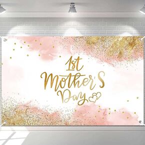 Ticuenicoa 1st Mother Day Banner ، خلفية بريق وردي وذهبي لزخارف Mom Mom Baby Party لأول مرة ، إمدادات ديكور الأمهات ، 70.8 × 43.3 بوصة