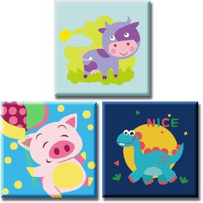 3 مجموعة أدوات رسم زيت DIY ، الطلاء بأرقام للأطفال ، قماشية 8 × 8 بوصة مع إطار خشبي (حيوانات سعيدة 01)