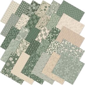 Whaline 60Pcs Flower Cotton Fabric Bundles Sage Green Floral Fat Quarters Flower Leaves Sewing Fabrics for DIY Handmade Craft Decor, 10 x 10 Inch